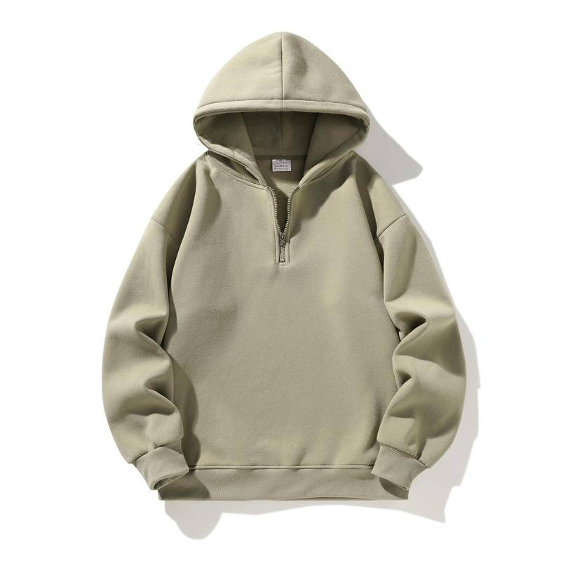 Autumn and Winter Men'S Solid Color Sports Casual Zipper Hoodie Warm Lightweight Pullover Beige