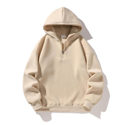 Autumn and Winter Men'S Solid Color Sports Casual Zipper Hoodie Warm Lightweight Pullover Beige